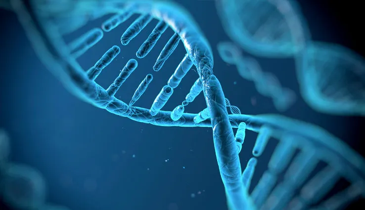 Diagram of a DNA helix on a blue background.