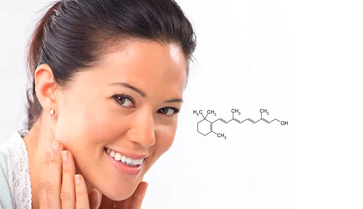A woman smiling and applying facial skin products next to a chemical diagram representing retinols.