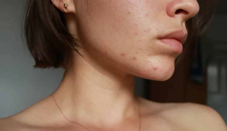 A woman with acne on her face.