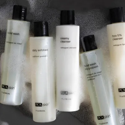 Shot of our Cleansers - Facial Wash, Daily Exfoliant, Creamy Cleanser, Facial Wash Oily/Problem, and BPO 5% Cleanser